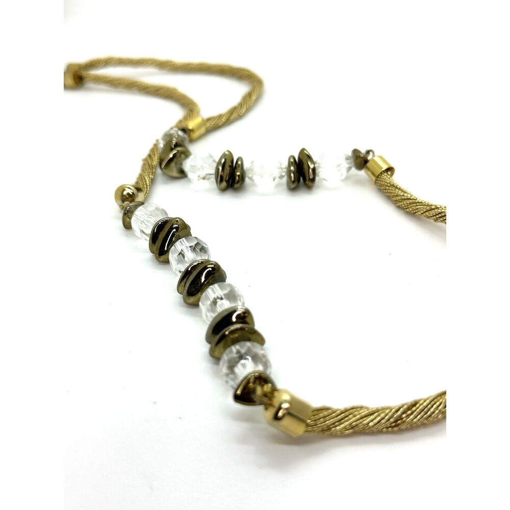 Vintage Gold Tone Mesh Necklace Clear Faceted Lucite Beads Long Statement